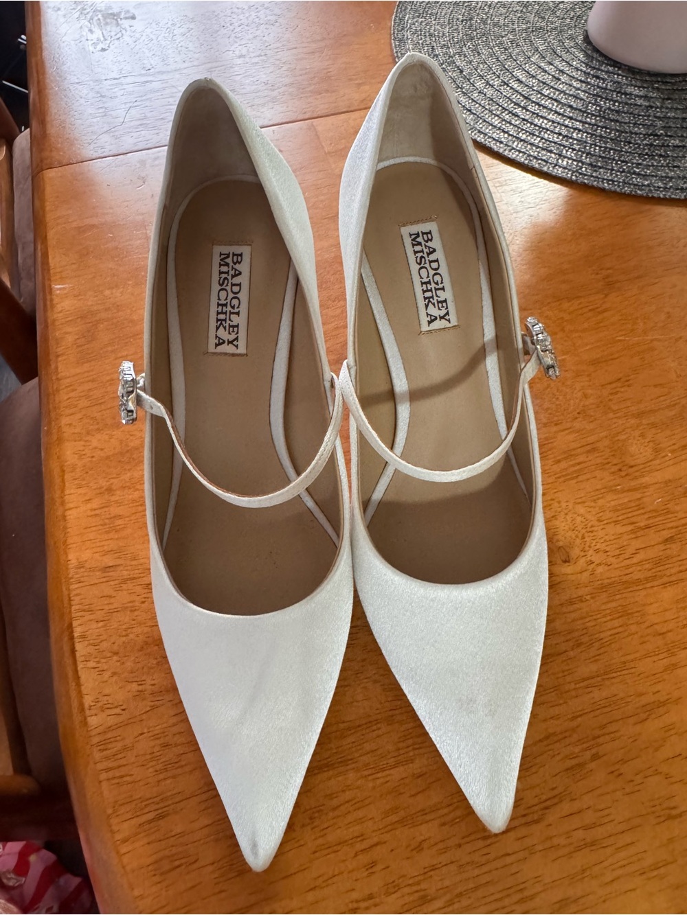 Badgley Mischka Ivory Pointed-Toe Mary Jane Heels with Crystal Buckle
